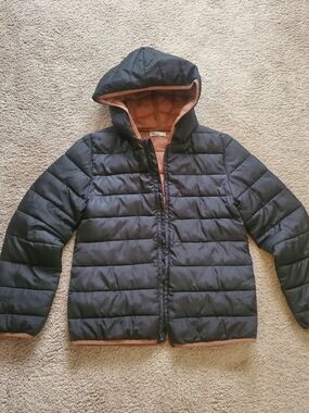 Epic Threads Hooded Puffer Jacket in Black with Copper Lining